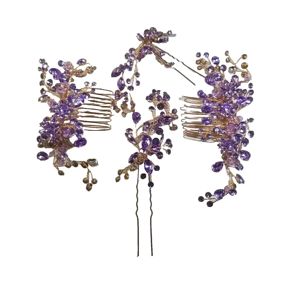 Barrettes Hair Picks And Combs Gold Tone Purple Rhinestone Fancy Party Prom...